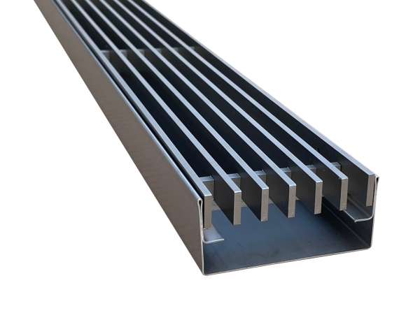 Entwässerungsrinne Edelstahl 1 Meter mit Ablaufstutzen superflach Rost Längsstabrost, System 35/80